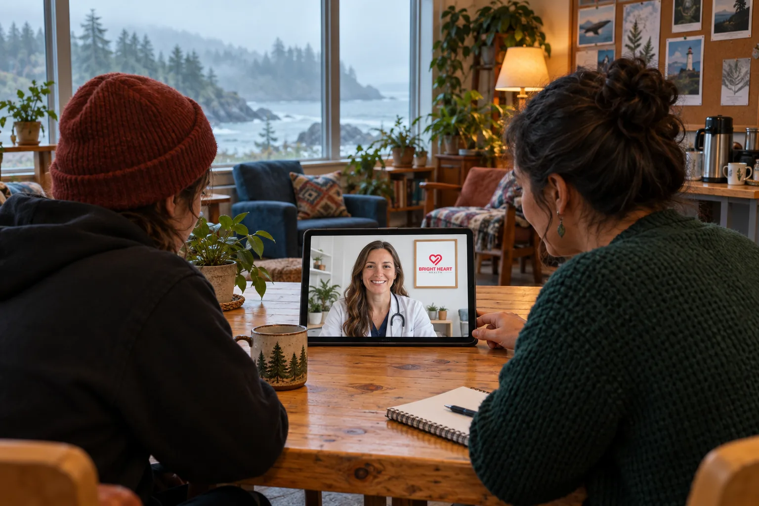 A peer support worker helps a visitor start a telehealth visit on a tablet at a coastal community drop-in center