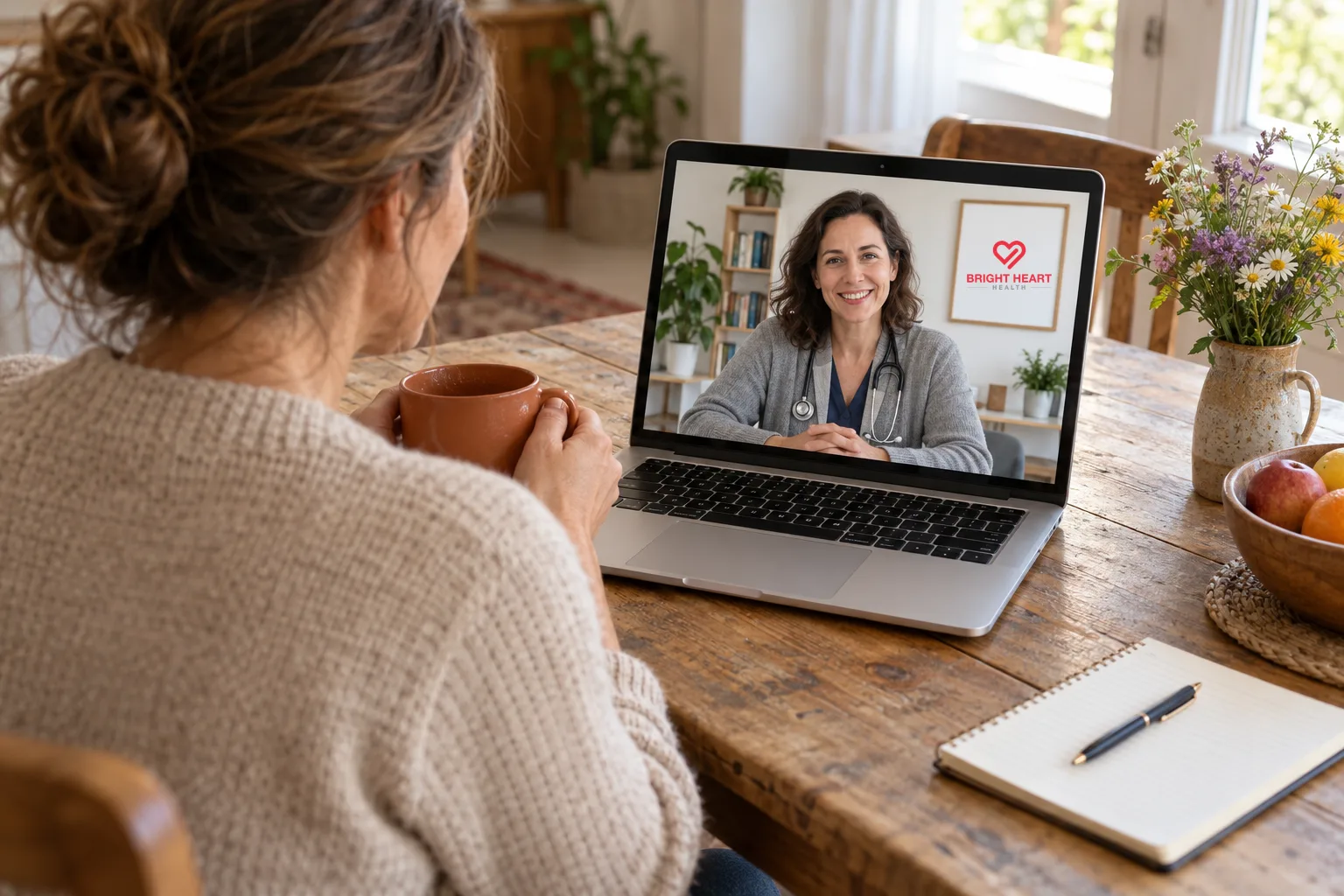 A woman holding a mug at her kitchen table, smiling clinician on her laptop during a video visit