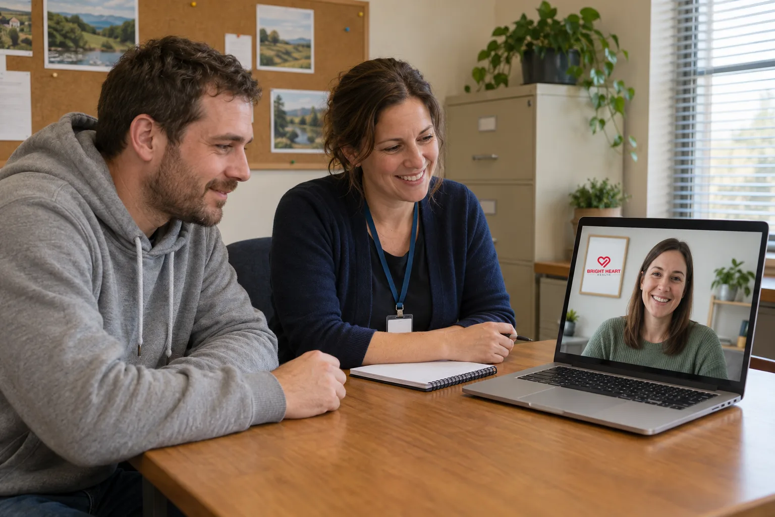 A probation officer and a man in a county office join a video call with a smiling clinician on a laptop