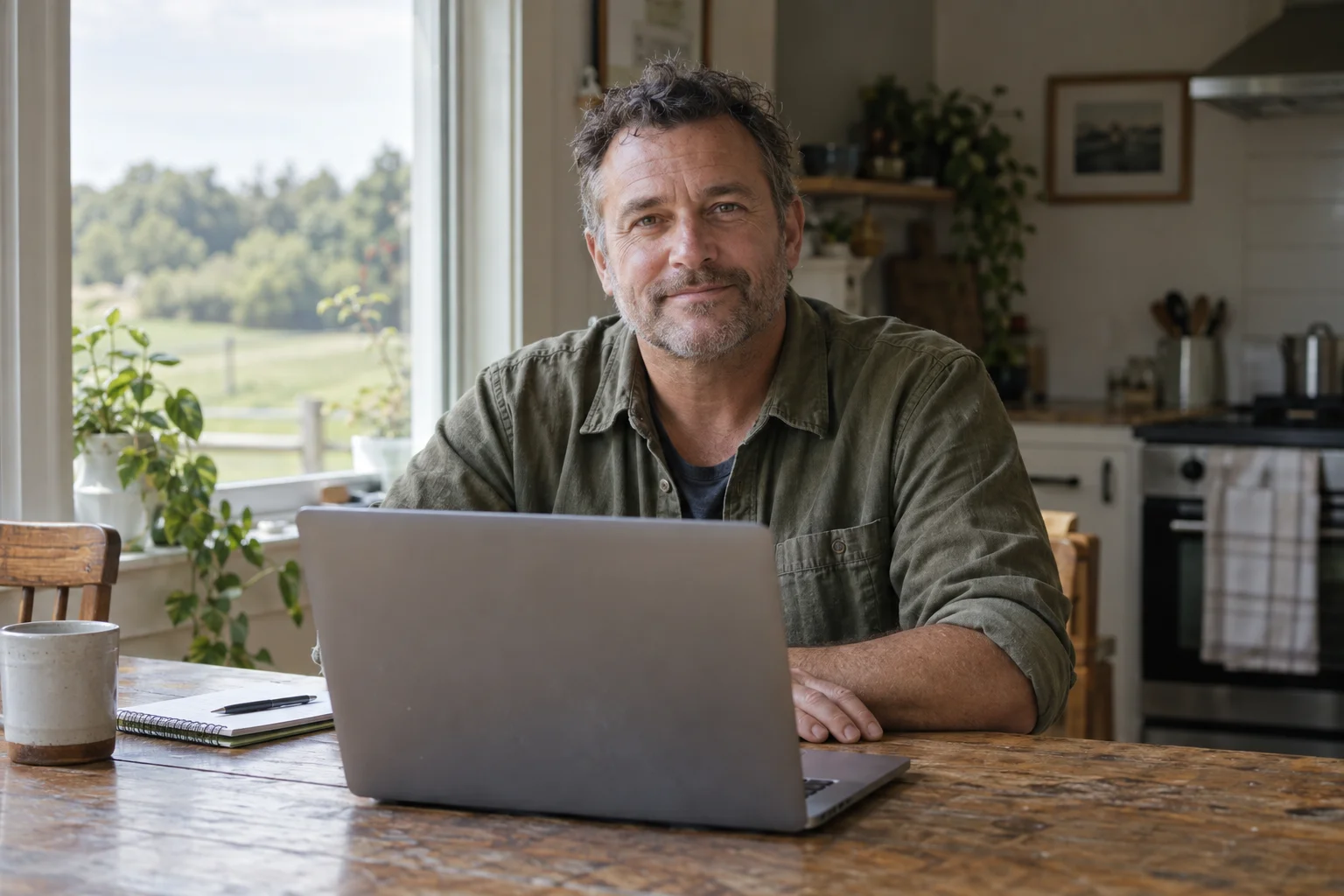 A man sitting at his laptop beside a sunlit window at home