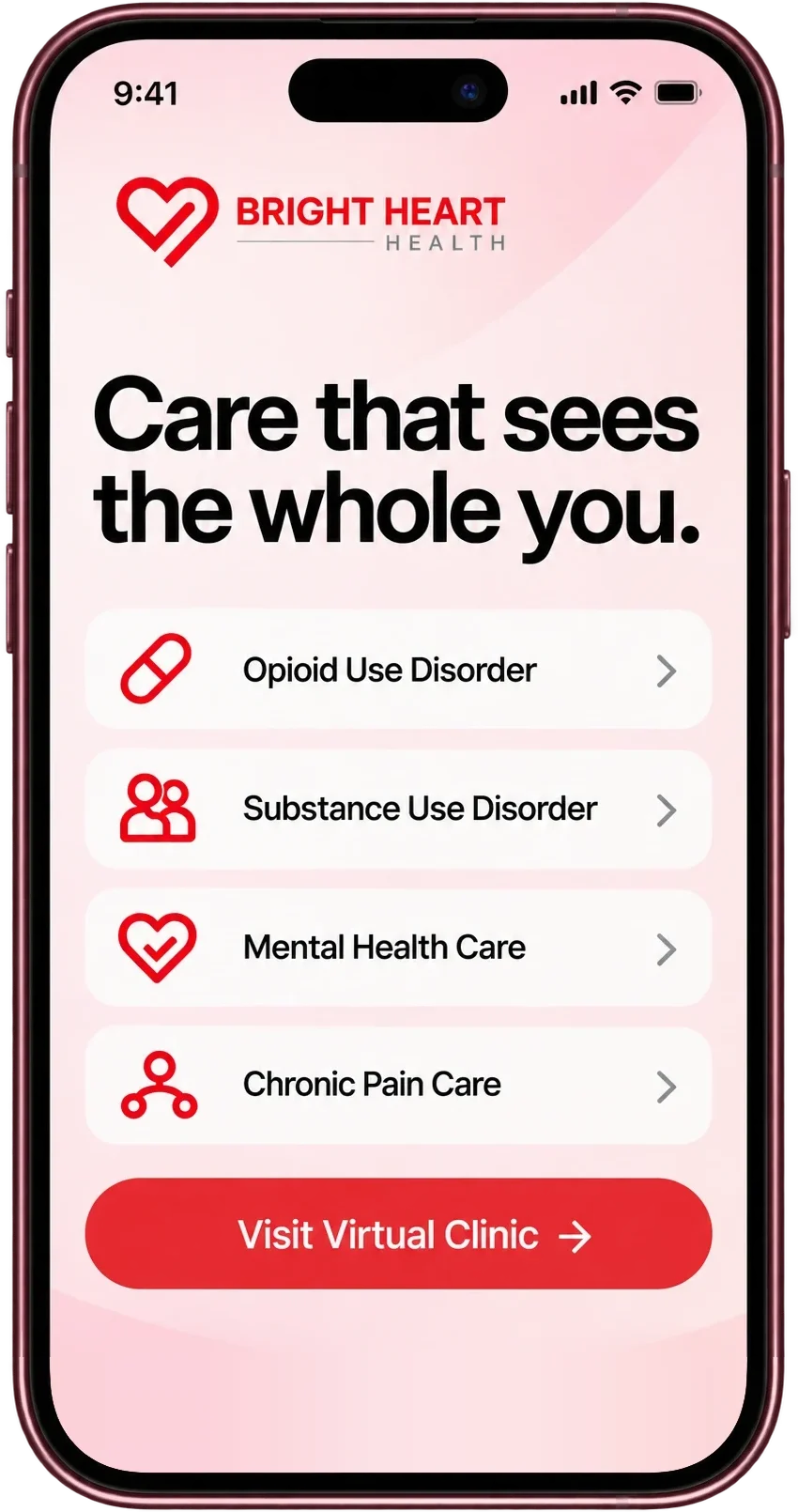 The Bright Heart Health website on a smartphone, listing substance use, mental health, chronic pain and ongoing support care