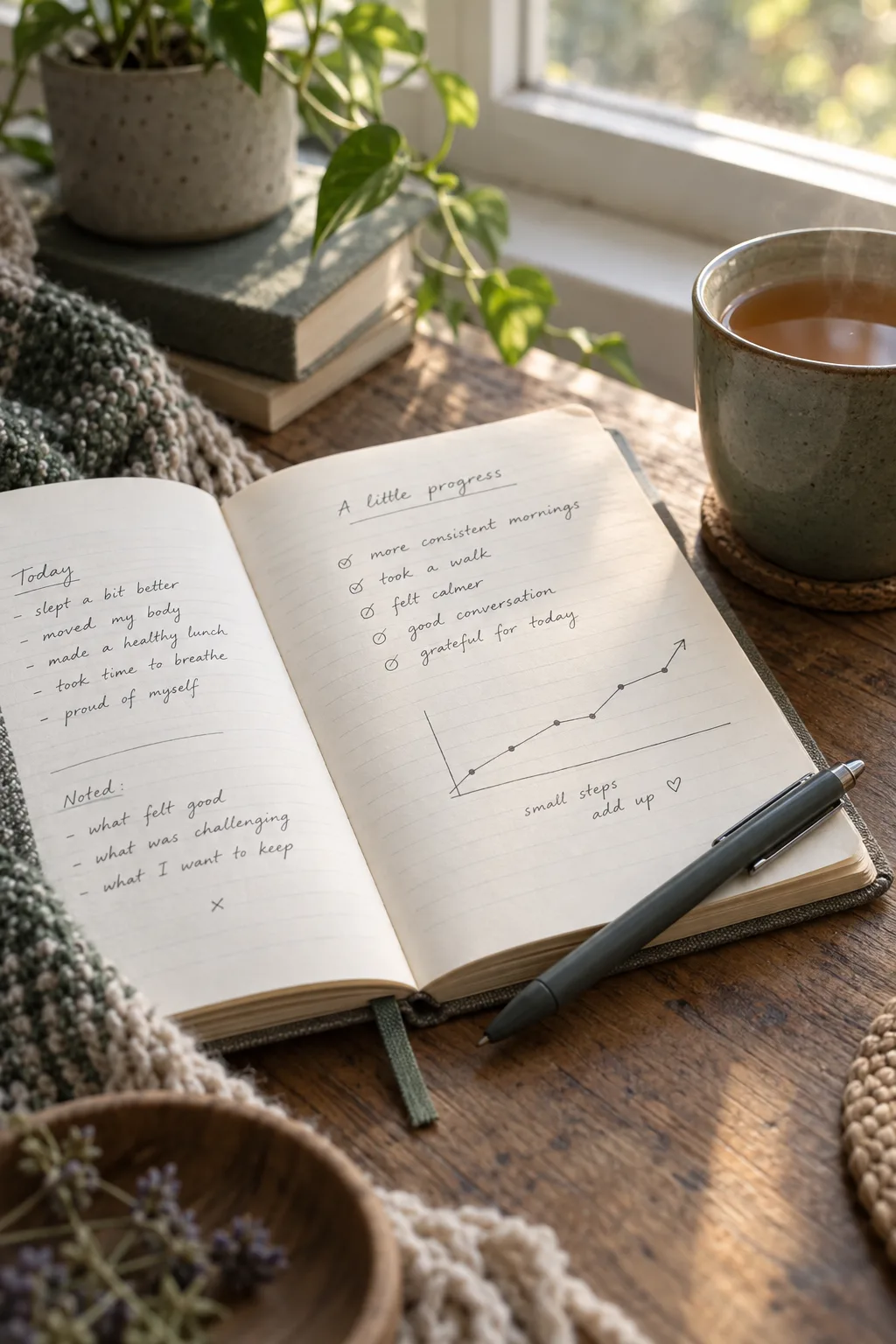 An open journal used to reflect on small steps and progress